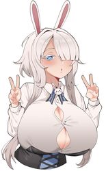  animal_ears bad_id bad_pixiv_id blue_eyes blunt_bangs blush breasts bursting_breasts button_gap chestnut_mouth collared_shirt commission double_v female hair_intakes hair_over_one_eye heart heart-shaped_pupils highres huge_breasts neck_ribbon original rabbit_ears rabbit_girl ribbon saru_(monkey_magic3) shirt short_hair short_hair_with_long_locks sidelocks simple_background solo symbol-shaped_pupils taut_clothes taut_shirt underbust v white_background white_hair white_shirt wing_collar 