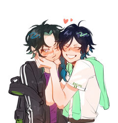  2boys absurdres bag black_hair blue_hair blush braid closed_eyes closed_mouth commentary diamond-shaped_pupils diamond_(shape) genshin_impact gradient_hair green_hair grin hand_on_another&#039;s_face heart highres jacket jacket_around_neck long_sleeves looking_to_the_side male_focus multicolored_hair multiple_boys nusji.lll one_eye_closed open_mouth parted_bangs shirt short_hair short_hair_with_long_locks short_sleeves simple_background slit_pupils smile symbol-only_commentary symbol-shaped_pupils twin_braids two-tone_hair venti_(genshin_impact) white_background xiao_(genshin_impact) yellow_eyes 