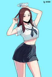  absurdres arms_up artist_name bdpp beautiful_gunbari blue_background blue_neckerchief bottle brown_eyes brown_hair crop_top cropped_shirt female highres hong_sena_(beautiful_gunbari) midriff mole mole_on_leg navel neckerchief pleated_skirt school_uniform shirt short_sleeves skirt smile solo sweat water_bottle white_shirt 