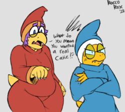  anthro crossed_arms dialogue duo english_text eyewear femboy frustrated glasses kamek koopa magikoopa male male/male mario_bros nintendo roccorox scales scalie simple_background text wide_hips yellow_body yellow_scales 