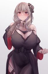  absurdres azur_lane bare_shoulders black_dress blush braid breasts bun_cover cleavage closed_mouth detached_collar detached_sleeves dress elbow_gloves evening_gown female gloves grey_hair hair_over_shoulder highres huge_breasts luetzow_(azur_lane) luetzow_(everlasting_blood_banquet)_(azur_lane) official_alternate_costume red_eyes side_slit solo thighhighs white_background yuuki_shuri 