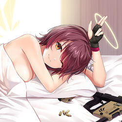  arknights bad_id bad_pixiv_id bed bed_sheet black_gloves breasts bullet chinese_commentary cleavage closed_mouth commentary_request day detached_wings exusiai_(arknights) female fingerless_gloves gloves gun hair_between_eyes halo indoors jiushi_shijiu looking_at_viewer lying medium_breasts naked_sheet on_side one_eye_closed orange_eyes partial_commentary photoshop_(medium) pillow red_hair short_hair smile solo submachine_gun sunlight upper_body v weapon window wings 