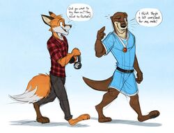  anthro belt brown_eyes canid canine clothing duo electronics fox headphones male mammal medallion mountain_aj mustelid one_eye_closed otter shirt smile temiree topwear walking wink 