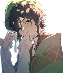  1boy beret black_hair blush braid commentary_request cup genshin_impact green_eyes green_hat hair_between_eyes hat highres holding holding_cup long_sleeves looking_at_viewer male_focus misaki_(mskmmti) simple_background solo suikou_(genshin_impact) twin_braids upper_body venti_(genshin_impact) white_background 