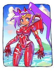  bodysuit commentary cosplay covered_navel dark-skinned_female dark_skin darling_in_the_franxx earrings female formal hairband highres horns jewelry long_hair ocean oomasa_teikoku open_hands pilot_suit pointy_ears ponytail purple_hair red_horns science_fiction shantae shantae_(series) skin_tight solo standing suit water wet white_hairband zero_two_(darling_in_the_franxx) zero_two_(darling_in_the_franxx)_(cosplay) 