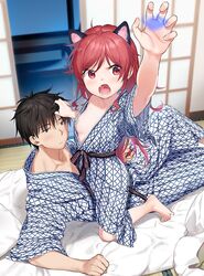  1boy animal_ears barefoot bath_yukata black_hair breasts brother_and_sister cat_ears chigusa_asuha chigusa_kasumi closed_mouth commentary female fingernails futon grabbing_another&#039;s_hair hand_up incest indoors japanese_clothes kimono long_hair oerba_yun_fang open_mouth qualidea_code red_eyes red_hair sekiya_asami shima_(pattern) short_hair siblings sliding_doors small_breasts straddling straight symbol-only_commentary tatami toes yukata 