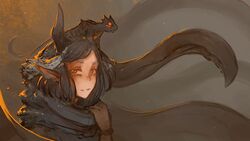  16:9 age_difference ambiguous_gender avy_(syvaron) black_hair demon demon_humanoid dragon duo female feral glowing hair hi_res horn humanoid humanoid_pointy_ears larger_humanoid looking_at_viewer mythological_creature mythological_scalie mythology older_humanoid orange_eyes scalie scarf sitting_on_another sitting_on_head size_difference smaller_feral syvaron tail tentacle widescreen young younger_feral 