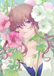  ahoge blue_bra blue_eyes bra breasts brown_hair bud cleavage eating_flower female flower hair_between_eyes highres holding holding_petal hollyhock ichinose_shiki idolmaster idolmaster_cinderella_girls long_hair medium_breasts mouth_hold nininiwa2 off_shoulder petal_in_mouth petals pink_flower shirt single_bare_shoulder solo teeth teeth_hold underwear upper_body wavy_hair white_flower white_shirt 