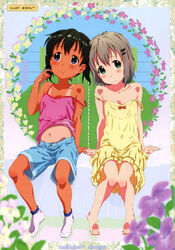  2girls absurdres artist_name barefoot bed_sheet black_hair blue_shorts blush bow bowtie closed_mouth denim denim_shorts dress floral_background green_eyes grey_hair hair_ornament hairclip highres kuraue_hinata looking_at_viewer makinon_tm multiple_girls navel off_shoulder pink_shirt purple_eyes scan shirt short_hair shorts sitting sleeveless sleeveless_dress sleeveless_shirt socks sweatdrop tan white_legwear yama_no_susume yellow_dress yukimura_aoi 