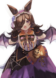  animal_ears black_gloves black_skirt blush brown_hair buttons demon_wings fangs female gloves hair_over_one_eye halloween halloween_costume highres horse_ears horse_girl horse_tail long_hair nagute official_alternate_costume open_mouth purple_eyes rice_shower_(make_up_vampire!)_(umamusume) rice_shower_(umamusume) shirt short_sleeves simple_background skirt solo tail umamusume upper_body white_background white_shirt wings 