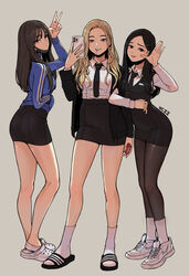  3girls absurdres bdpp beautiful_gunbari black_eyes black_jacket black_necktie black_skirt blonde_hair blue_jacket breasts cellphone character_request cho_ye-ryeong crocs hand_in_pocket hand_up highres jacket kim_gaeul long_sleeves mask medium_breasts mole mole_under_eye mouth_hold mouth_mask multiple_girls necktie pantyhose phone sandals shoes skirt sneakers socks standing tongue tongue_out unworn_mask v white_footwear white_socks 