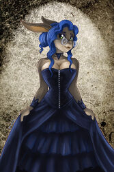  2020 2:3 alternative_fashion anthro blue_clothing blue_dress blue_hair breasts caribou_(artist) cleavage clothed clothing corset_dress digital_media_(artwork) dress female goth gothic_lolita hair j-fashion lagomorph leporid lolita_(fashion) mammal rabbit smile solo strapless_clothing strapless_dress victorian_goth 