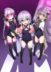  3girls :d ahoge bandaged_arm bandages bare_shoulders bell black_bow black_gloves black_thighhighs blue_one-piece_swimsuit blush bow braid breasts capelet choker closed_mouth collarbone covered_navel doll_joints elbow_gloves fate/apocrypha fate/extra fate/grand_order fate_(series) frilled_choker frills full_body fur-trimmed_capelet fur_trim gloves green_bow green_eyes grey_hair hair_between_eyes headpiece highres inflatable_raft jack_the_ripper_(fate/apocrypha) jack_the_ripper_(summer_little)_(fate) jeanne_d&#039;arc_alter_santa_lily_(fate) jeanne_d&#039;arc_alter_santa_lily_(summer_little)_(fate) joints licking_lips long_hair looking_at_viewer marugoshi_(54burger) multiple_girls no_shoes nursery_rhyme_(fate) nursery_rhyme_(summer_little)_(fate) old_school_swimsuit one-piece_swimsuit open_mouth photoshop_(medium) purple_eyes ribbon scar scar_across_eye scar_on_cheek scar_on_face school_swimsuit short_hair shoulder_tattoo small_breasts smile striped striped_ribbon swimsuit tattoo thighhighs tongue tongue_out twin_braids white_capelet yellow_eyes 