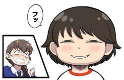  2girls anger_vein anya&#039;s_heh_face_(meme) black_necktie blue_sweater blush braid braided_ponytail brown_eyes brown_hair clenched_hand commentary dress_shirt girls_und_panzer gym_shirt hair_over_shoulder highres isobe_noriko long_hair long_sleeves looking_at_viewer meme multiple_girls necktie parody rukuriri_(girls_und_panzer) scene_reference school_uniform shirt short_hair single_braid st._gloriana&#039;s_school_uniform sweater t-shirt translated v-neck white_shirt wing_collar yougata 