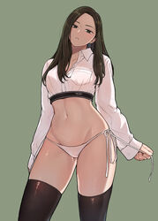  absurdres bdpp beautiful_gunbari black_thighhighs breasts brown_eyes brown_hair character_request cleavage commission crop_top cropped_shirt female green_background highres la_si-hyeon long_hair long_sleeves looking_at_viewer midriff navel no_pants panties parted_lips pocket prada_(brand) side-tie_panties simple_background solo standing thighhighs underwear white_panties 