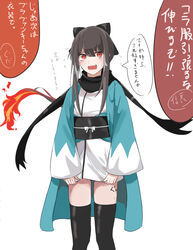  1boy adjusting_clothes alternate_costume androgynous black_bow black_hair black_scarf black_thighhighs blush bow commentary cosplay covering_crotch covering_privates crossdressing fate/grand_order fate_(series) fire hairbow haori highres japanese_clothes kimono long_hair male_focus multicolored_hair nigori_(keydoor) obi oda_nobukatsu_(fate) okita_souji_(fate) okita_souji_(koha-ace) okita_souji_(koha-ace)_(cosplay) open_mouth otoko_no_ko red_eyes red_hair sash scarf short_kimono sidelocks sweatdrop tearing_up thighhighs translated two-tone_hair 