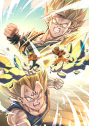  2boys absurdres battle blonde_hair blue_bodysuit blue_footwear bodysuit boots clenched_hand clenched_teeth dougi dragon_ball dragon_ball_z duel electricity facial_mark gloves green_eyes halo highres large_pectorals majin_vegeta male_focus mattari_illust multiple_boys muscular muscular_male open_mouth pectorals punching serious short_hair son_goku spiked_hair super_saiyan super_saiyan_2 teeth torn_bodysuit torn_clothes vegeta white_footwear white_gloves wristband 