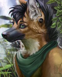  2020 4:5 anthro black_nose canid canine day detailed_background digital_media_(artwork) ear_piercing ear_ring eyebrows eyelashes green_eyes mammal maned_wolf moon-s outside piercing ring_piercing sky smile solo 