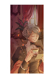  black_bow black_bowtie black_dress bow bowtie candle closed_eyes closed_mouth commentary_request cup dien_(ragnarok_online) dress female flower grey_hair holding holding_cup holding_letter indoors letter mirror old old_woman pink_flower plant potted_plant ragnarok_online short_hair smile solo tea teacup upper_body window zhi_xie 