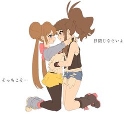  2girls ankea_(a-ramo-do) arms_around_waist arms_behind_back arms_behind_head black_pantyhose black_socks black_vest black_wristband blue_eyes blush breasts brown_hair commentary_request couple cutoffs denim denim_shorts highres hilda_(pokemon) hug imminent_kiss kissing kneeling large_breasts legs long_hair looking_at_another medium_breasts multiple_girls open_mouth pantyhose pokemon pokemon_bw pokemon_bw2 rosa_(pokemon) shorts shy simple_background smile socks sweat thighs torso_grab vest waist_hold waist_hug yellow_shorts yuri 