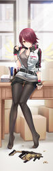  arknights asymmetrical_bangs bad_id bad_pixiv_id black_gloves black_pantyhose black_shorts box breasts bullet cardboard_box chinese_commentary closed_mouth desk detached_wings exusiai_(arknights) feet female fingerless_gloves full_body gloves grey_tank_top gun hair_between_eyes hair_over_one_eye halo jacket jiushi_shijiu legs looking_at_viewer medium_breasts name_tag no_shoes off_shoulder orange_eyes pantyhose parted_bangs photoshop_(medium) red_hair short_hair short_shorts shorts smile solo standing submachine_gun sunlight tank_top toenails toes weapon white_jacket wings 