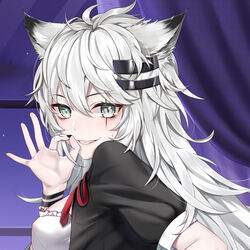  alternate_costume animal_ears arknights bad_id bad_pixiv_id black_dress black_nails breasts chinese_commentary covered_nipples curtains dress enmaided female grey_eyes grin hair_between_eyes hair_ornament hairclip hand_gesture indoors jiushi_shijiu lappland_(arknights) long_hair looking_at_viewer maid medium_breasts nail_polish neck_ribbon night night_sky red_ribbon ribbon scar scar_across_eye scar_on_face short_sleeves sky smile solo sweatdrop upper_body white_hair window wolf_ears wrist_cuffs 