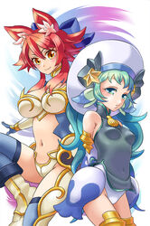  2girls animal_ear_fluff animal_ears armor bikini_armor blue_bow blue_gloves blue_thighhighs blush bow breasts brown_eyes closed_mouth gloves green_eyes green_hair grey_shirt hair_between_eyes hairbow hat junjinkenbu_yuuna knee_up large_breasts leotard leotard_under_clothes long_hair looking_at_viewer mimonel mitsuki_(shinrabanshou) multiple_girls navel shinrabanshou shirt sleeveless sleeveless_shirt small_breasts smile thighhighs white_headwear white_leotard 