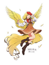  animal animal_on_head bird bird_on_head bird_tail bird_wings blonde_hair boots brown_dress brown_footwear chick commentary covered_navel dated dress feathered_wings female full_body highres knee_boots long_sleeves multicolored_hair niwatari_kutaka on_head red_eyes red_hair shishi_osamu short_hair simple_background solo tail touhou twitter_username two-tone_hair whistle white_background wings yellow_wings 