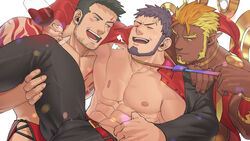  3boys abs bara bare_pectorals beard black_hair blush boy_sandwich can facial_hair from_side goatee group_sex gyee hand_on_another&#039;s_thigh highres large_pectorals long_sideburns loose_necktie love_triangle male_focus master_(gyee) mature_male mmm_threesome multicolored_hair multiple_boys muscular muscular_male necktie necktie_grab neckwear_grab nipples nywlub_(bulwyn) open_clothes orange_eyes pectorals pointy_ears priapu priapus priapus_a._tarou purple_hair raikoh_(paradiso_guardian) revealing_clothes sandwiched sideburns simple_background smile tattoo threesome undressing_another upper_body yaoi 