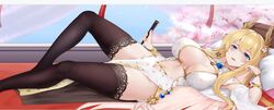  azur_lane black_thighhighs blonde_hair blue_eyes breasts center_opening china_dress chinese_clothes cleavage clothing_cutout dakimakura_(medium) dress feet_out_of_frame female folding_fan gold_trim hand_fan hei_ling holding holding_fan lace-trimmed_legwear lace_trim large_breasts laurel_crown long_hair looking_at_viewer lying official_alternate_costume on_back on_bed pelvic_curtain solo stomach_cutout thighhighs victorious_(azur_lane) victorious_(guidance_of_the_spring_goddess)_(azur_lane) white_dress 