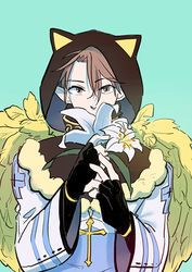  1boy animal_ear_headwear animal_ears arch_bishop_(ragnarok_online) black_gloves blue_coat brown_eyes brown_hair brown_hood coat commentary_request cropped_jacket cross cross_necklace fake_animal_ears fingerless_gloves flower gloves green_background hair_between_eyes holding holding_flower hood hood_up jacket jewelry long_sleeves looking_at_viewer male_focus necklace ragnarok_online short_hair simple_background solo upper_body white_flower white_jacket zhi_xie 