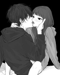  1boy black_background blush copyright_request female french_kiss greyscale hand_on_another&#039;s_face highres hood hood_down hoodie kissing little_mare long_hair long_sleeves monochrome open_mouth simple_background straddling straight 