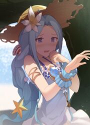  armlet blue_eyes blue_hair blush braid brown_hat collarbone commentary_request dress female flower gem granblue_fantasy hair_flower hair_ornament hands_up hat hinami_(hinatamizu) long_hair looking_away lyria_(daughter_of_pearl)_(granblue_fantasy) lyria_(granblue_fantasy) nose_blush official_alternate_costume open_mouth outdoors pearl_(gemstone) shade shell shell_hair_ornament sidelocks sleeveless sleeveless_dress solo star_(symbol) star_hair_ornament sun_hat twin_braids white_dress white_flower wrist_cuffs 