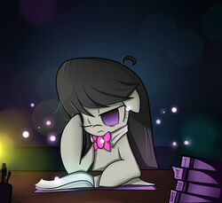 black_hair book bow_(feature) bow_tie cyanaeolin earth_pony equid equine female feral friendship_is_magic frown fur grey_body grey_fur hair hasbro horse light long_hair mammal my_little_pony octavia_(mlp) one_eye_closed pony purple_eyes solo