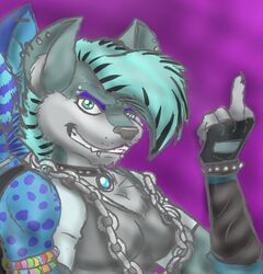 anthro bracelet canid canine canis chains clothing female fenni fenrir_(disambiguation) frozen_over gesture gloves half-length_portrait hand_gesture handwear jewelry mammal middle_finger mohawk piercing portrait smile solo wolf