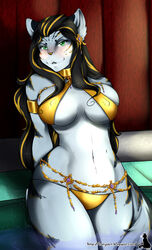 2013 anthro armlet black_body black_fur black_hair blonde_hair blush breasts clothed clothing felid female fur green_eyes hair hi_res long_hair looking_at_viewer mammal natysanime navel skimpy smile solo stripes thick_thighs tikka_(character) under_boob unknown_species water white_body white_fur wide_hips yellow_body yellow_fur yellow_nose