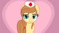 2013 animated bite biting_lip biting_own_lip blue_eyes brown_hair clothing cosmos_jester cream_heart_(mlp) earth_pony equid equine fan_character female feral hair hasbro hat headgear headwear horse lips looking_at_viewer mammal mature_female mature_feral my_little_pony nurse nurse_clothing nurse_hat nurse_headwear pony self_bite short_playtime solo tiarawhy