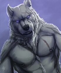 abs anthro athletic biceps biped black_nose blue_background blue_eyes canid canine canis chest_tuft clothed clothing ear_piercing fangs fenrir_(rrowdybeast) fur jewelry looking_at_viewer male mammal muscular muscular_anthro necklace nipple_piercing nipples pecs piercing pose rrowdybeast scar simple_background solo standing teeth topless tuft wolf