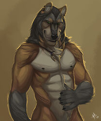 2012 2013 5:6 abs anthro athletic biceps big_muscles biped black_nipples black_nose brown_body brown_fur canid canine canis chest_tuft claws domestic_dog ear_piercing fangs fur green_eyes grey_body grey_fur grin jewelry looking_at_viewer male mammal manly markings muscular muscular_anthro muscular_male necklace nipples nude pecs piercing pose rrowdybeast smile smirk solo standing teeth tuft wolf