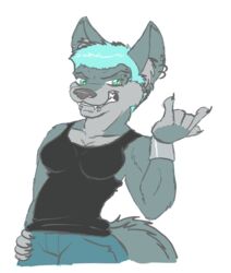 anthro blue_hair bottomwear breasts canid canine canis claws clothing denim denim_bottomwear denim_clothing female fenni fenrir_(disambiguation) frozen_over grin hair jeans mammal pants piercing shirt short_hair smile solo tank_top topwear wolf