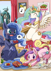 2013 ^_^ alcohol alicorn arthropod banana beer bent_over beverage beverage_can black_body black_fur blue_body blue_eyes blue_fur blue_hair calendar can carton changeling chips_(food) closed_eyes container crossover crown cutie_mark electronics equid equine feathered_wings feathers female flavored_milk folded_wings food friendship_is_magic fruit fur game_console gaming green_eyes green_hair group hair handheld handheld_console hasbro headgear hi_res holding_console holding_object holding_psp hole_(anatomy) horn kemono legs_up looking_at_console looking_at_object looking_through looking_through_window mammal milk milk_carton milk_container moriguru multicolored_hair musical_note my_little_pony mythological_creature mythological_equine mythology open_mouth pink_body pink_fur plant playing_video_game playstation playstation_console playstation_portable potato_chips princess_cadance_(mlp) princess_celestia_(mlp) princess_luna_(mlp) psp_console purple_eyes queen_chrysalis_(mlp) raised_wings sitting slightly_chubby smile snacks soda sony_corporation sony_interactive_entertainment speech_bubble strawberry_milk tiara trio_focus wariza white_body white_fur window wings