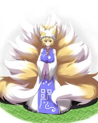 9_tails animal_humanoid big_tail blonde_hair breasts canid canid_humanoid canine canine_humanoid excessive_fluff female fluffy fluffy_tail fox_humanoid fox_tail hair hi_res huge_tail humanoid looking_at_viewer mammal mammal_humanoid multi_tail nnomono ran_yakumo short_hair smile solo tail touhou