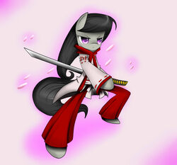 absurd_res asian_clothing black_hair clothed clothing cyanaeolin earth_pony east_asian_clothing equid equine female friendship_is_magic frown fur grey_body grey_fur hair hasbro hi_res horse japanese_clothing katana long_hair long_sleeves mammal melee_weapon my_little_pony octavia_(mlp) pony purple_eyes solo standing sword weapon