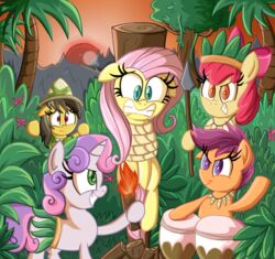 2013 accessory amber_eyes apple_bloom_(mlp) armor black_hair blue_eyes bound bow_(feature) bow_accessory bow_ribbon cutie_mark_crusaders_(mlp) daniel-sg daring_do_(mlp) drum earth_pony equid equine female feral fire fluttershy_(mlp) forest friendship_is_magic green_eyes grey_hair group hair hair_accessory hair_ribbon hairbow hasbro headgear helmet horn horse jewelry jungle mammal melee_weapon mountain multicolored_hair musical_instrument my_little_pony mythological_creature mythological_equine mythology necklace outside palm_tree percussion_instrument pink_hair pith_helmet plant polearm pony purple_eyes purple_hair ribbons rope scared scootaloo_(mlp) shrub spear sunset sweetie_belle_(mlp) torch tree two_tone_hair unicorn weapon