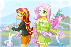 angel_(mlp) anthro anthrofied boots bottomwear clothed clothing duo equestria_girls equid equine female fluttershy_(eg) flyer_(pamphlet) footwear friendship_is_magic fur green_eyes gummy_(mlp) hair hasbro horn horse jacket mammal multicolored_hair my_little_pony pamphlet pink_body pink_skin pinkie_pie_(eg) pony red_hair skirt smile standing sunset_shimmer_(eg) topwear uotapo yellow_body yellow_skin