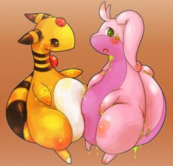 ambiguous_gender ampharos belly blush brown_eyes dragon duo electricity feral gastropod generation_2_pokemon generation_6_pokemon goodra green_eyes lightning mollusk mythological_creature mythological_scalie mythology nintendo pokemon pokemon_(species) scalie simple_background slightly_chubby slime tail thick_tail yatosuke yellow_body yellow_skin