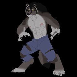 1:1 abs anthro athletic biceps big_muscles biped black_background black_nose bottomwear canid canine canis claws clothed clothing fangs fur grey_body grey_fur hi_res looking_at_viewer male mammal muscular muscular_anthro muscular_male mythological_canine mythological_creature mythology nipples pants pecs pose rrowdybeast shorts simple_background solo standing teeth toe_claws topless torn_clothing underwear were werecanid werecanine werewolf wolf yellow_eyes