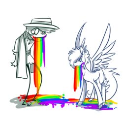 1:1 blank_stare bodily_fluids clothing drooling duo equid equine feathered_wings feathers feral hat headgear headwear horse humanoid jinxee male mammal monster_girl_(genre) mythological_creature mythological_equine mythology pegasus pony saliva technicolor_yawn vomiting vomiting_on_ground what wings