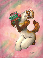 2013 anthro biped blue_eyes breasts censored christmas claws convenient_censorship dani_(kalahari) domestic_ferret feet female full-length_portrait gift holding_gift holding_object holidays kalahari looking_at_viewer mammal marker_(artwork) mixed_media mustelid musteline nude painting_(artwork) paws portrait rug sitting smile solo toes traditional_media_(artwork) true_musteline watercolor_(artwork) weasel