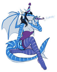 anthro aquatic_dragon bare_shoulders black_hair breasts closed_eyes clothing corset dragon feet female fish hair hat headgear headwear hi_res hindpaw horn humanoid_feet hybrid legwear lingerie long_hair marine membrane_(anatomy) membranous_wings mythological_creature mythological_scalie mythology non-mammal_breasts party_hat paws piranhapettingzoo plantigrade scalie shark simple_background solo stockings stripes tail toes topwear white_background wings